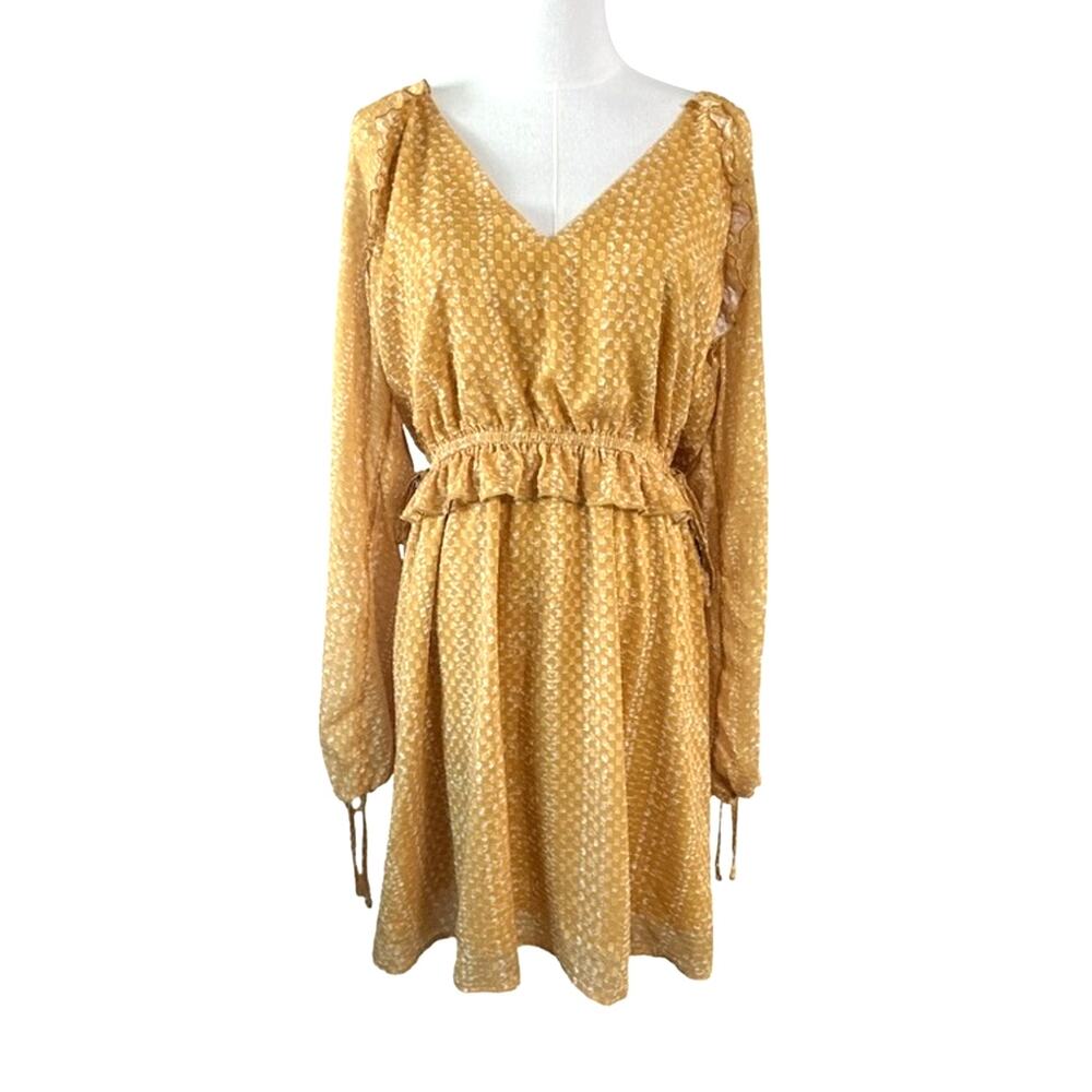 BTFL-Life Gold Long Sleeve Mini Dress Size L Ruffle Waist Lined Nordstrom NWT